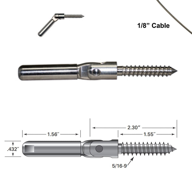 Stainless Steel Swagless Adjustable Non-Tensioning Cable End for Angled Surface Mount