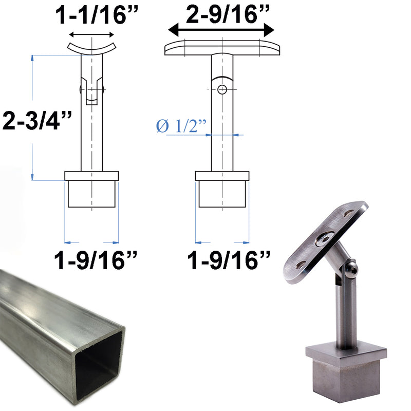 Stainless E037100 Adjustable Square Railing Handrail Support